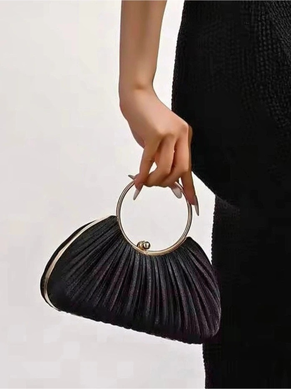 Pleated Gold Ring Handle Evening Bag in Black Like New